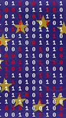 Poster - Binary code and stars animation over blue background with red arrows