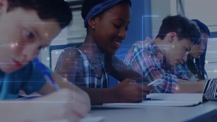 Poster - On play students writing notebooks for education while girl scrolling phone, graphic data drifting
