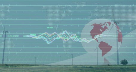 Poster - Waveform lines emerging on world-map and globe rotating above wind turbines visualizing energy data