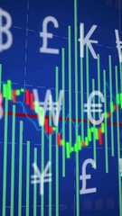 Poster - Animation of currency symbols overlaying stock market graph on blue background