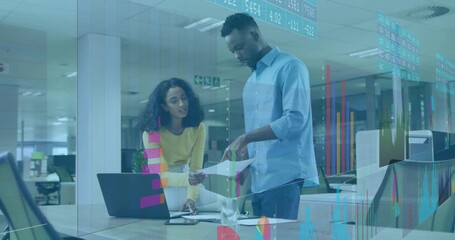 Poster - Woman typing data as colleague presenting report triggers animated tech charts guiding review