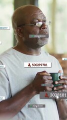  - Holding cup, man surrounded by floating numbers and icons in animation