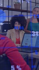 Poster - Business team collaborating in office with financial data animation overlaid