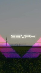 Poster - Wind turbines spinning in field with colorful V-shaped animation overlay