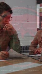 Poster - Discussing data analysis, colleagues with animation of numbers and graphs in office