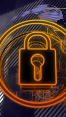 Poster - Lock and key security icon animation over digital network background