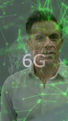 Poster - In office, two men discussing 6G network with digital connections animation overlay
