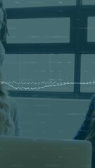 Poster - Diverse team collaborating at office with digital sound wave animation overlay