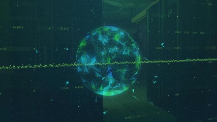 Poster - On fading in, 3D sphere rotating with pulsing shards, waveform fluctuating showing data processing