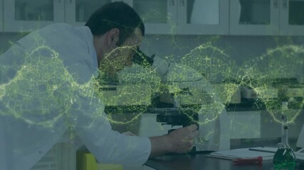 Poster - Lab scientist placing slide under microscope and tuning focus for analysis as 3D DNA helix emerging