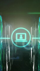 Poster - Animation of multiple digital icons over screens of network of connections against green background