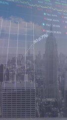 Poster - Animation of financial graphs and data over cityscape
