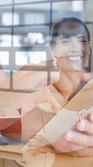Poster - Animation of person caucasian man using tablet over smiling caucasian woman