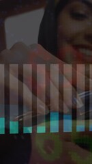 Poster - Animation of statistics and financial data processing over caucasian woman paying with smartphone