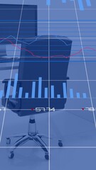 Poster - Animation of multiple graphs, changing numbers over empty chair and desktop on table in office