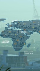 Poster - Animation of data processing over world map against aerial view of cityscape