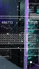 Poster - Animation of interface with data processing and network of connections against computer server room