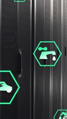 Poster - Animation of multiple digital icons floating against computer server room