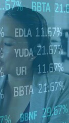 Poster - Animation of financial data processing over asian businesswoman talking on phone headset in office