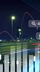 Poster - Social media engagement and analytics animation over cityscape at night