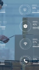 Poster - Warehouse worker using tablet with data processing animation overlaid on boxes