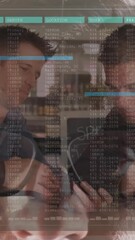 Poster - Two people working on device with data processing animation overlay