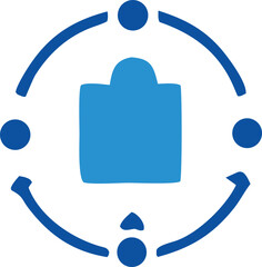 Poster - Abstract blue shopping bag icon surrounded by a circular network of connected dots and curved lines representing global connectivity and commerce