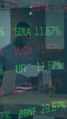 Poster - Overlaying animation of stock market data in business meeting in modern office