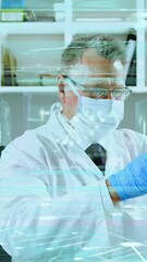 Poster - Scientist in lab coat conducting experiment with digital data overlay animation