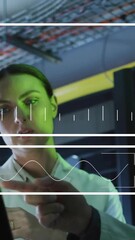 Poster - In laboratory, scientists analyzing data with digital graphs and animation overlay