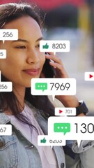 Poster - Talking on phone, woman with animation of social media notifications around her