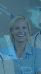 Poster - Medical professionals smiling with digital data and world map animation overlay