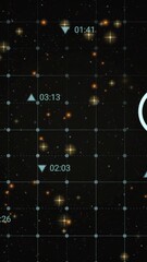 Poster - Glowing stars and icons in grid with time codes in space-themed animation