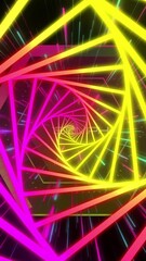 Poster - Colorful neon geometric shapes forming spiral animation on black background