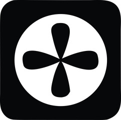 Poster - A stark black and white graphic icon featuring a four bladed fan or propeller symbol enclosed within a circle on a solid black background