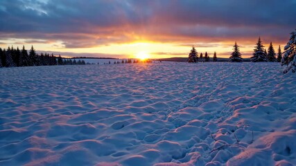 Wall Mural - snowy field with trees and a sunset in the background