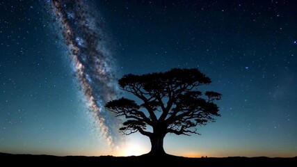 Wall Mural - starry sky with a lone tree and milky in the background