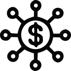 Aufkleber - Stylized black dollar sign icon with radiating spokes and circles representing financial network or distribution