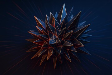 Poster - Abstract spiked geometric sphere with glowing orange edges on dark blue background, futuristic digital shape radiating light effects.