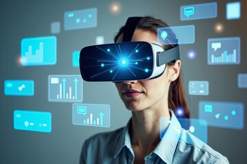Poster - Woman Immersed in Virtual Reality with Holographic Display of Online Survey Results and Feedback Forms