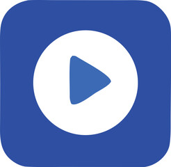 Poster - A bold blue and white graphic featuring a prominent play button icon centered within a rounded square frame