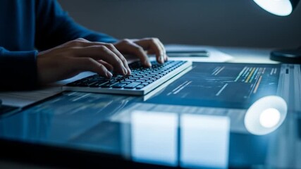 Hands Typing on Keyboard with Code Displayed on Futuristic Touchscreen Table
