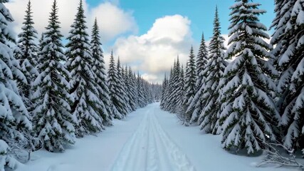 Wall Mural - arafed view of a snowy path through a forest with pine trees