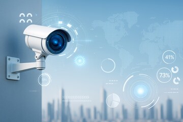 Aufkleber - Surveillance camera with digital futuristic interface elements and city skyline on light blue background representing modern technology concept.