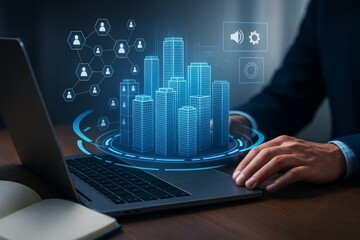 Poster - Futuristic smart city hologram emerging from laptop on wooden desk with businessman interacting in dark background, digital technology concept.