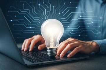 Poster - Bright lightbulb on keyboard symbolizing tech innovation, with digital circuit background and hands typing on laptop in abstract tech concept scene.