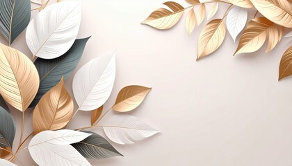Poster - Elegant golden and white leaves arrangement on a soft background botanical art minimalist style aesthetic environment close-up view for home decor