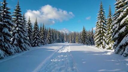 Wall Mural - arafed view of a snowy path through a forest with pine trees