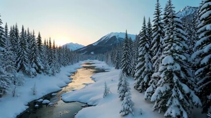 Wall Mural - snowy trees line a river in a snowy forest at sunset