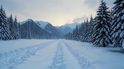 Wall Mural - snowy path in the middle of a forest with pine trees